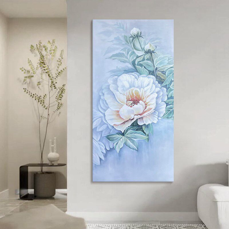 新中式高档客厅装饰画白牡丹花卉手D绘油画植物花开富贵玄关墙挂