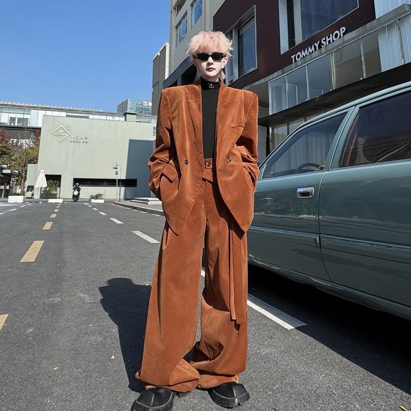 2025春装时尚复古走秀款绒面正肩气质西服套装男腰带休闲裤两件套
