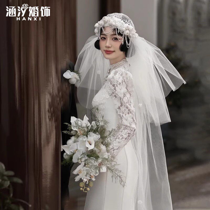 法式复古民国风蕾丝花苞重工流苏新娘帽式头纱新中式旗袍礼服头饰