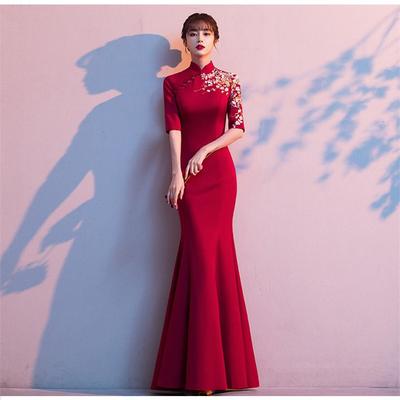 鱼尾敬酒服新娘2021新款秋冬季红色长款复古结婚旗袍礼服女中国风