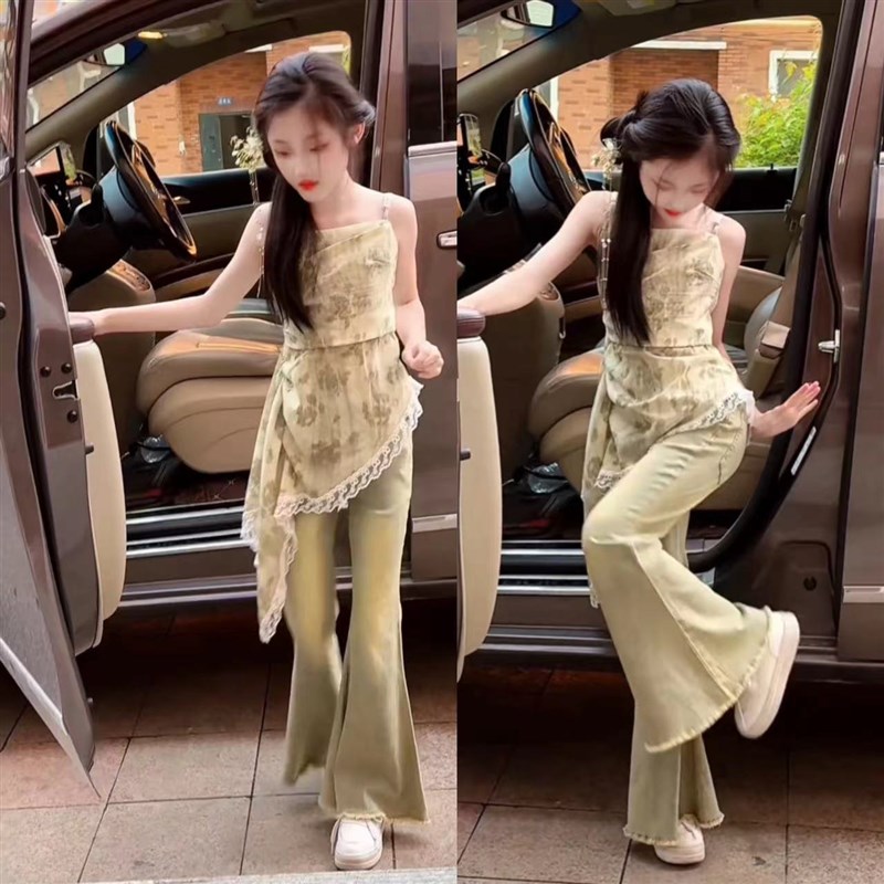 辣妹碎花裙弹力牛仔裤微喇长裤不规则吊带裙套装女童蕾丝花边夏装