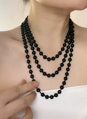 国风长款黑色圆珍珠流苏项链女复古多层叠戴气质颈链小众毛衣链