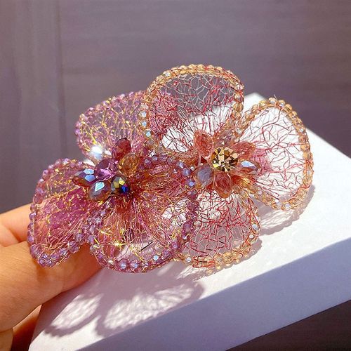 优雅镶钻水晶花朵发夹女发饰头饰弹簧横夹顶夹一字夹马尾夹发卡子