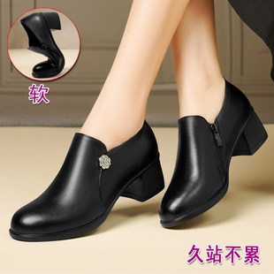 中年妈妈鞋 真皮深口单鞋 粗跟女鞋 中跟黑色走秀高跟鞋 子 女春秋皮鞋