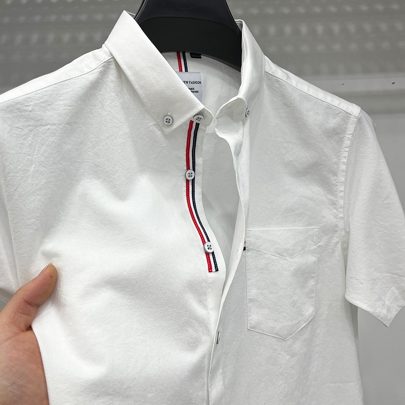 正品纯棉带口袋净版衬衫男翻领宽松短袖中青年纯色衬衣白色职业装