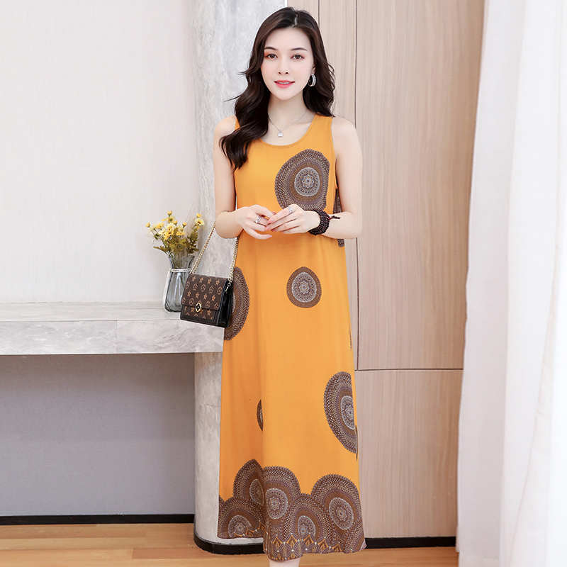 2021年新款夏季纯棉绸连衣裙女中长款大码无袖睡裙中老年妈妈睡衣