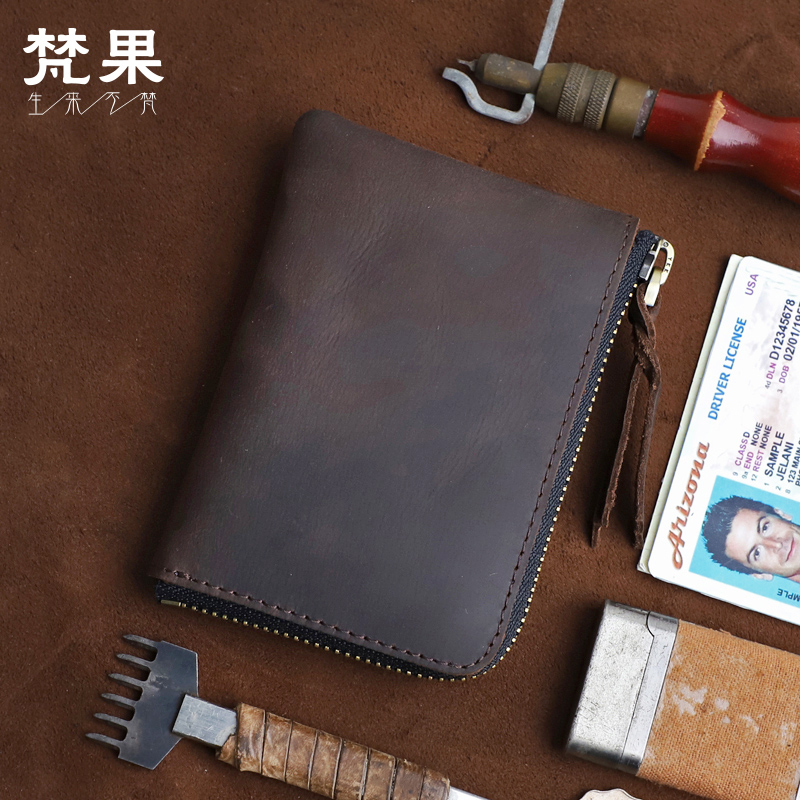 手工真皮短款钱包简约复古拉链收纳包男女头层疯马牛皮零钱卡包潮