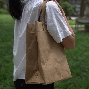 水洗牛皮纸包包大手提袋包包上课女大学生装书放电脑单肩手提包