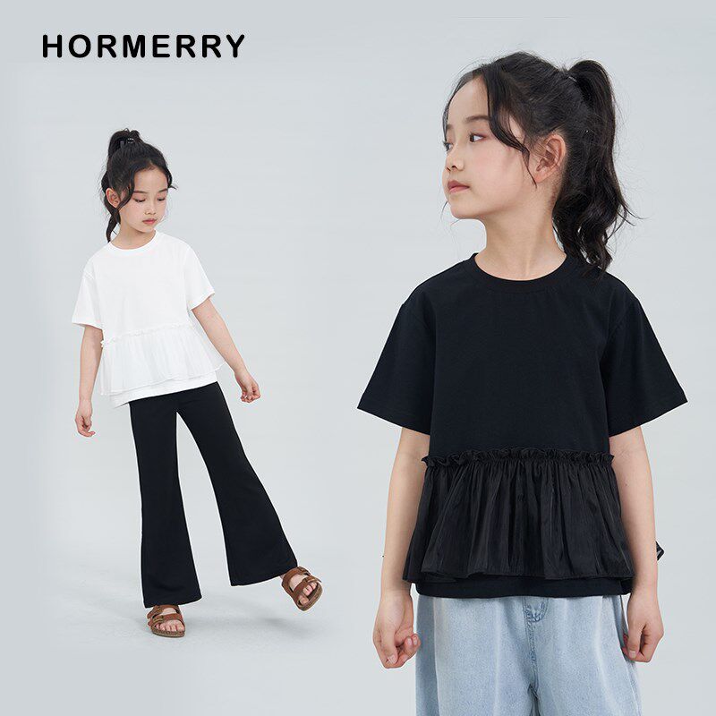 赫米童装 2025夏季新款女童网纱拼接荷叶边短袖T恤蛋糕蓬蓬裙上衣