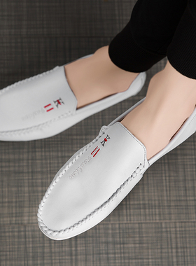 白色豆豆鞋男夏季真皮透气懒人鞋百搭潮流软底开车鞋韩版休闲皮鞋