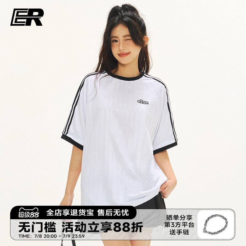 ER条纹撞色运动短袖t恤男女2025夏季国潮美式复古竖纹上衣情侣装