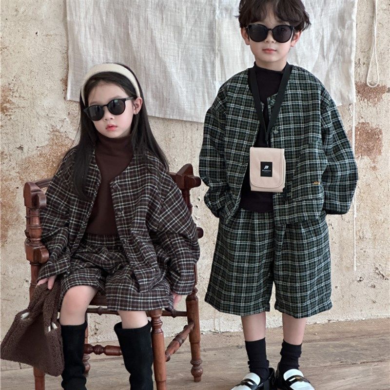 儿童套装宝宝复古百搭五分裤套男童女童秋季韩版时髦西装格子两件