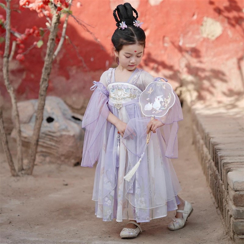 女童汉服中国风连衣裙新款儿童古风襦裙唐代奶呼呼紫色仙裙公主裙