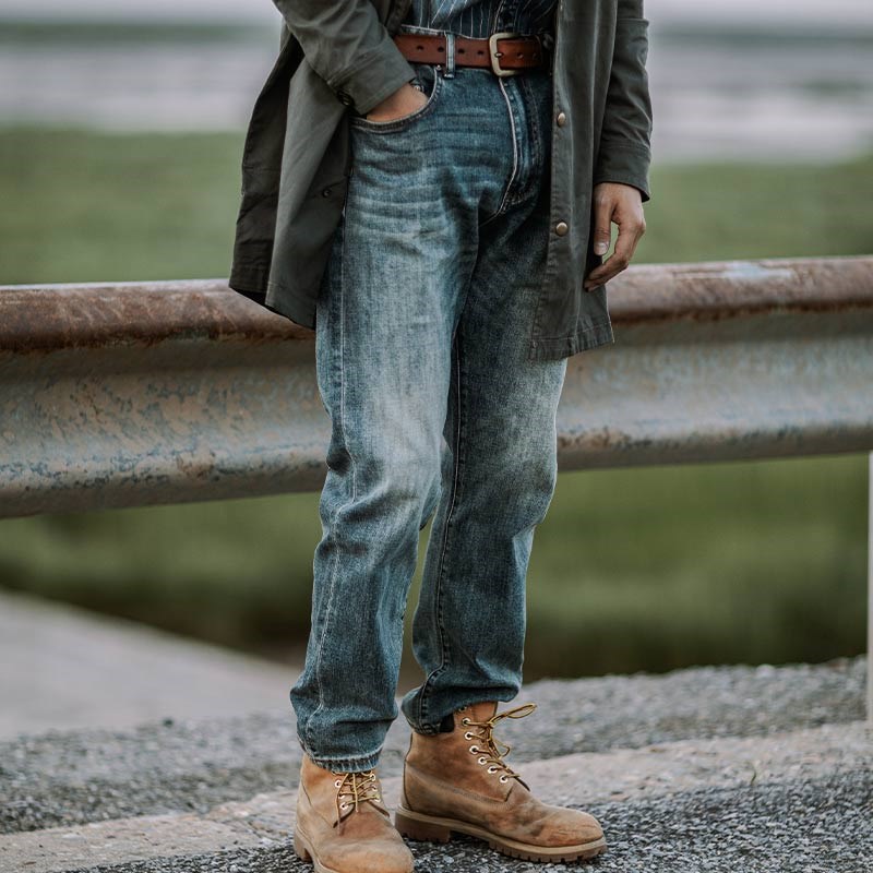 靛海美式复古直筒牛仔裤阿美咔叽水洗赤耳宽松做旧休闲工装长裤男