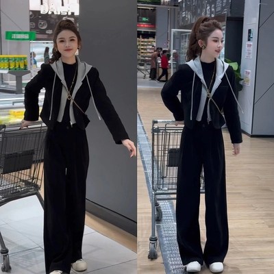 时尚款卫衣纯色直筒阔腿裤套装冬季新款连帽假两件拼接重潮流宽松