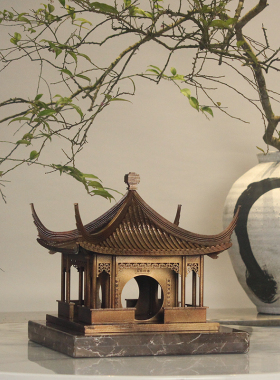 古铜色新中式禅意木质p古建筑模型摆件手工艺拼装软装吊饰品摆挂