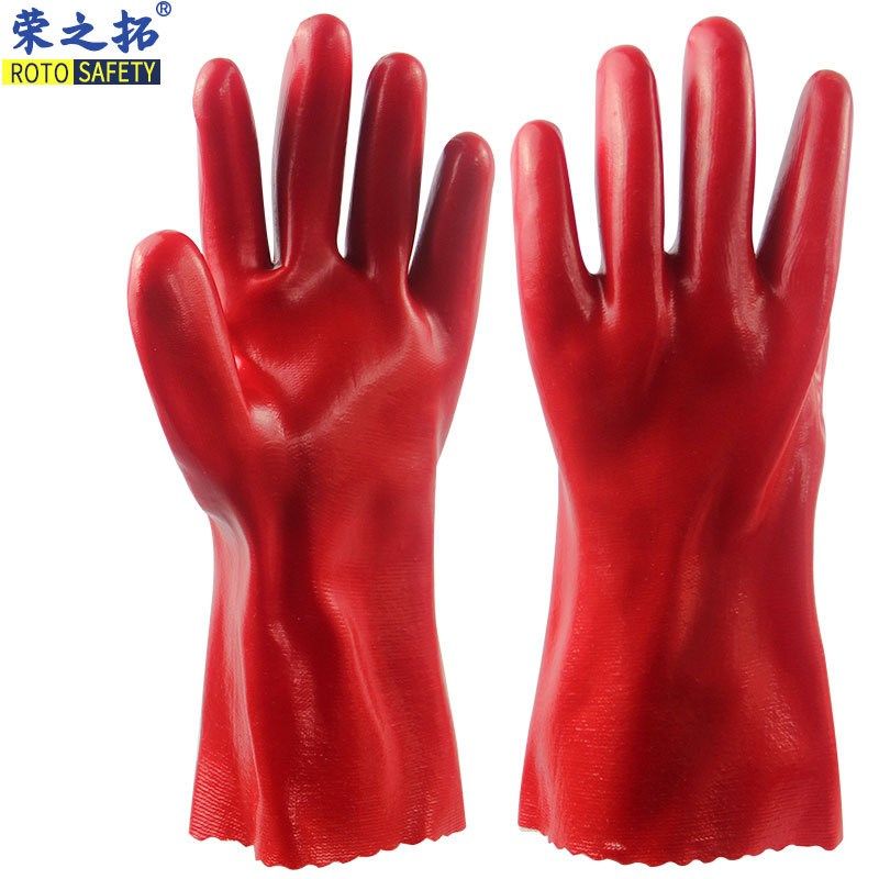 红色pvc光面耐酸碱手套防化学品耐油耐腐蚀加长劳保防护手套28cm