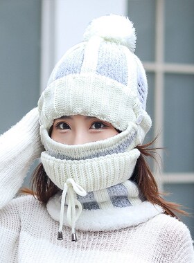 女士户外保暖冬季针织帽甜美可爱刺绣帽子围脖口罩套帽加绒毛线帽