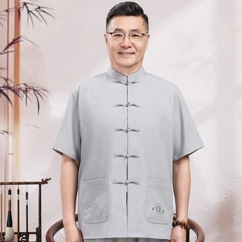 爸爸夏装短袖套装唐装男中老年人薄款中式汉服中国风爷爷棉麻衣服