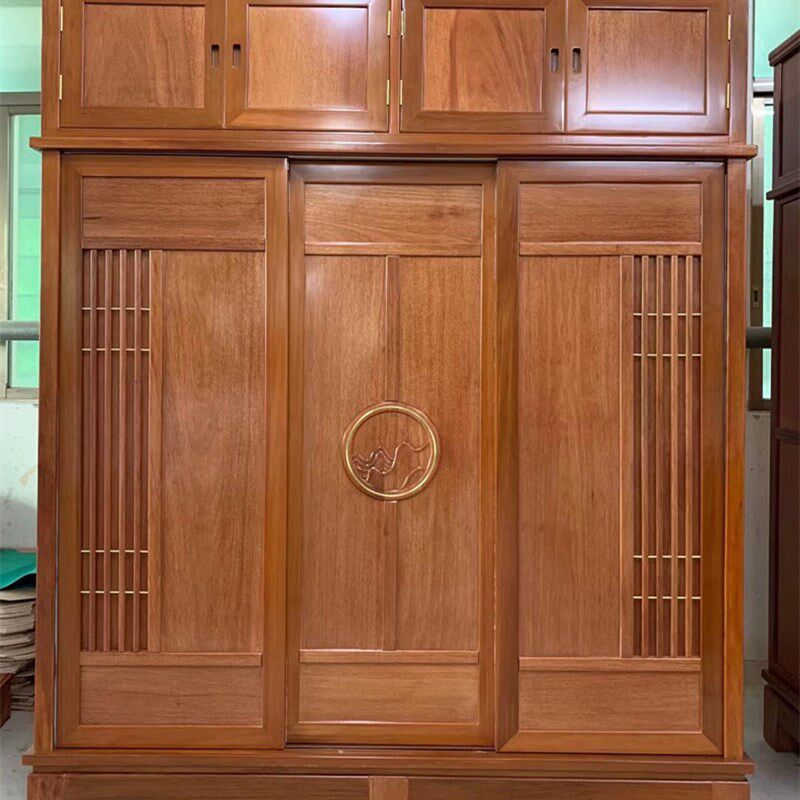 新中式全实木红木推拉门衣柜金花梨原木卯榫推拉储物收纳衣橱整体