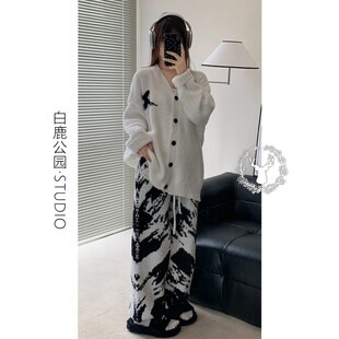 韩版个性针织开衫睡衣女冬季2024新款H半边绒保暖轻柔家居服冬套