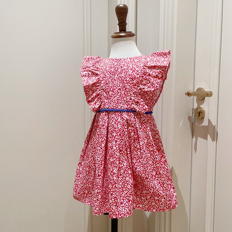 3-12法系女童红底小碎花小飞肩纯棉无袖连衣裙