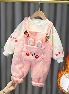 女童背带裤加绒套装洋气儿童冬季衣服婴儿加厚两件套一岁宝宝冬装