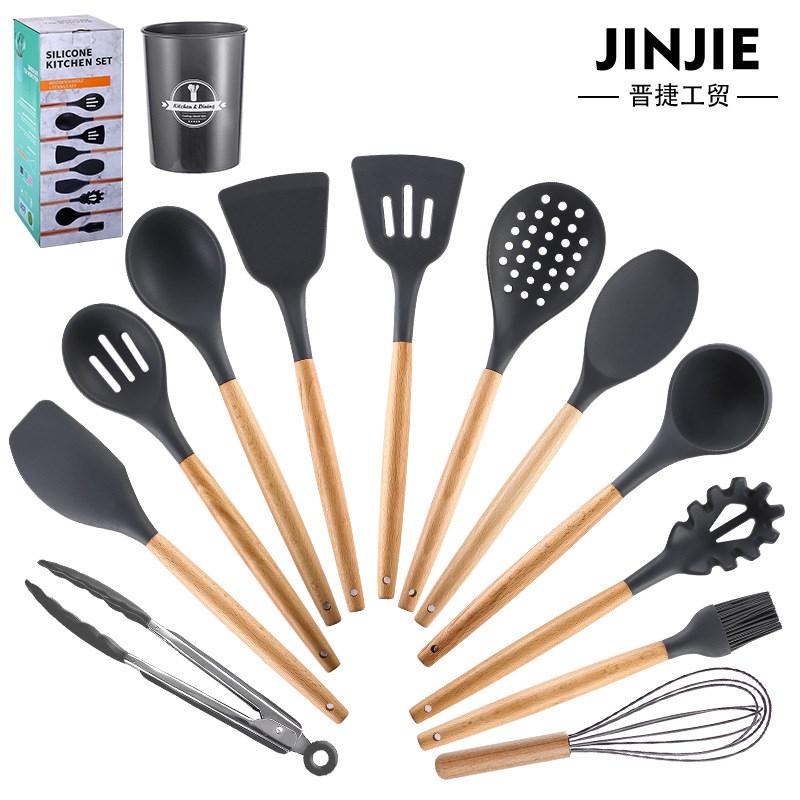 厂家木柄硅胶厨具套装11件套不粘锅铲勺收纳桶烹饪厨房工具现货