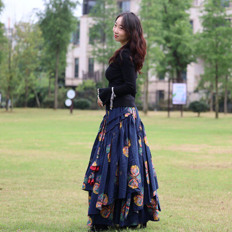 百搭棉麻半身裙女2021春秋夏中长裙棉麻花裙子大摆A字裙显瘦印花