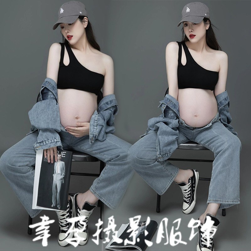 影楼孕妇拍照服装时尚个性甜酷牛仔孕妈咪大肚艺术照写真摄影衣服
