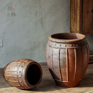 侘寂装饰陶罐花盆土色陶盆桶形花器民宿陶器乡村土W器田园陶缸高