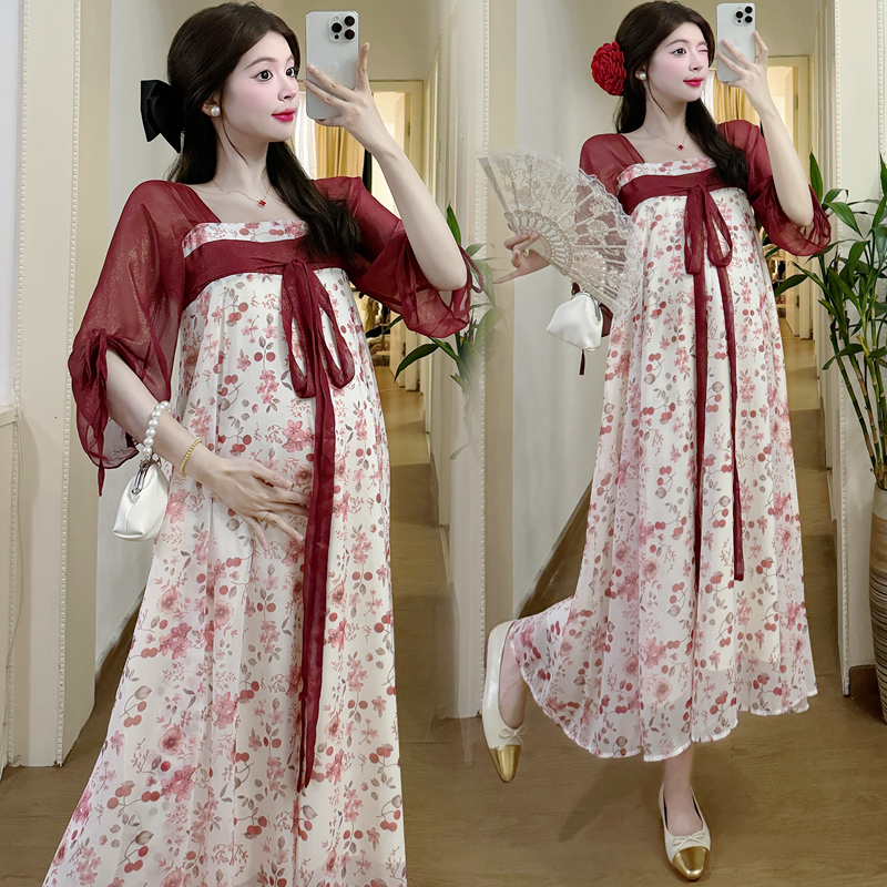 2024夏季新款孕妇连衣裙大码宽松200斤新中式国风雪纺显瘦长裙子