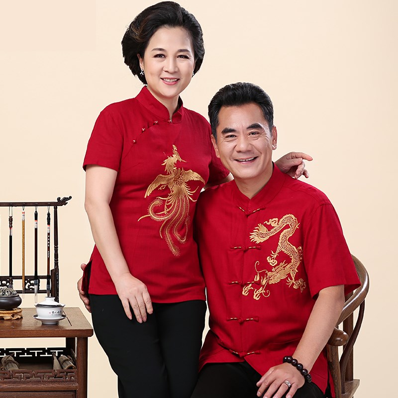 唐装男短袖中老年人夏装爷爷奶奶过寿生日红衣服爸妈婚宴礼服情侣