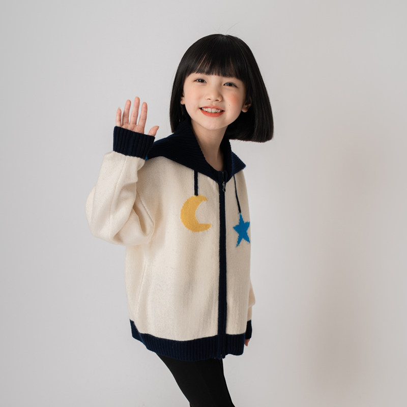 【100%羊毛】女童连帽拉炼开衫儿童羊毛衫秋冬款加厚女孩外套毛衣