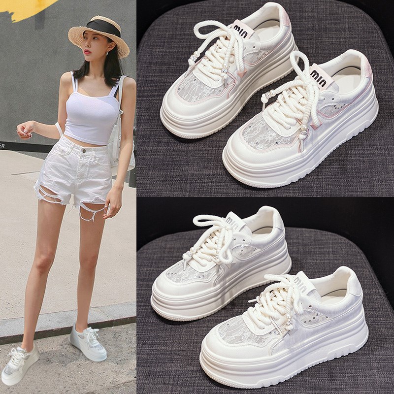 厚底小白鞋女夏季新款网面透气内增高休闲板鞋Q亮片百搭运动老爹
