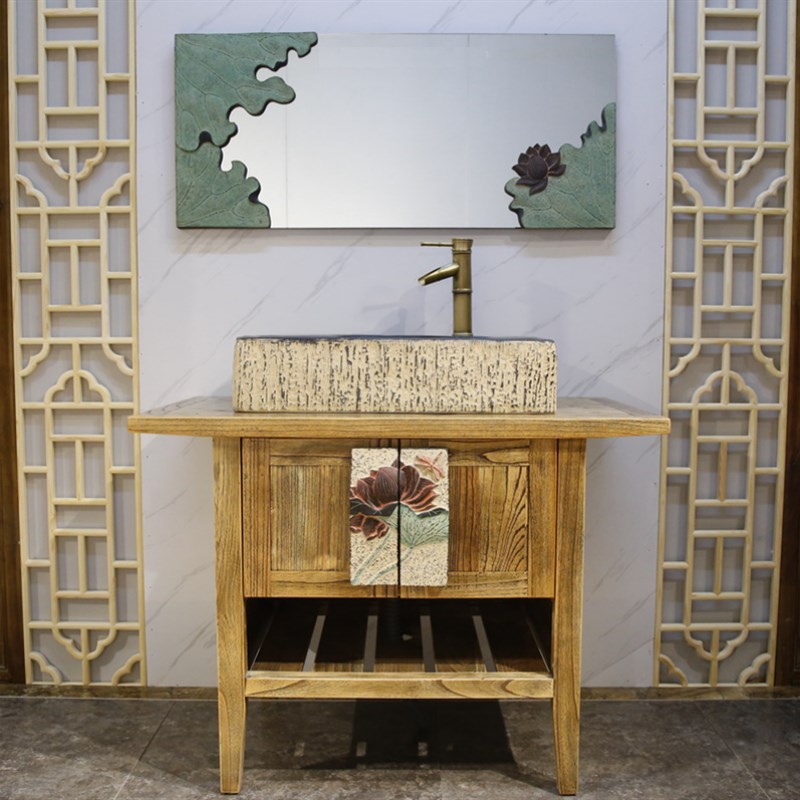 中式仿古洗脸盘台上盆艺术阳台卫生间镜子实木洗手台浴室柜组合