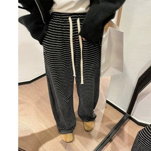 孕妇爆款条纹松紧腰抽绳阔腿裤女2025春秋新款高腰加绒休闲裤女