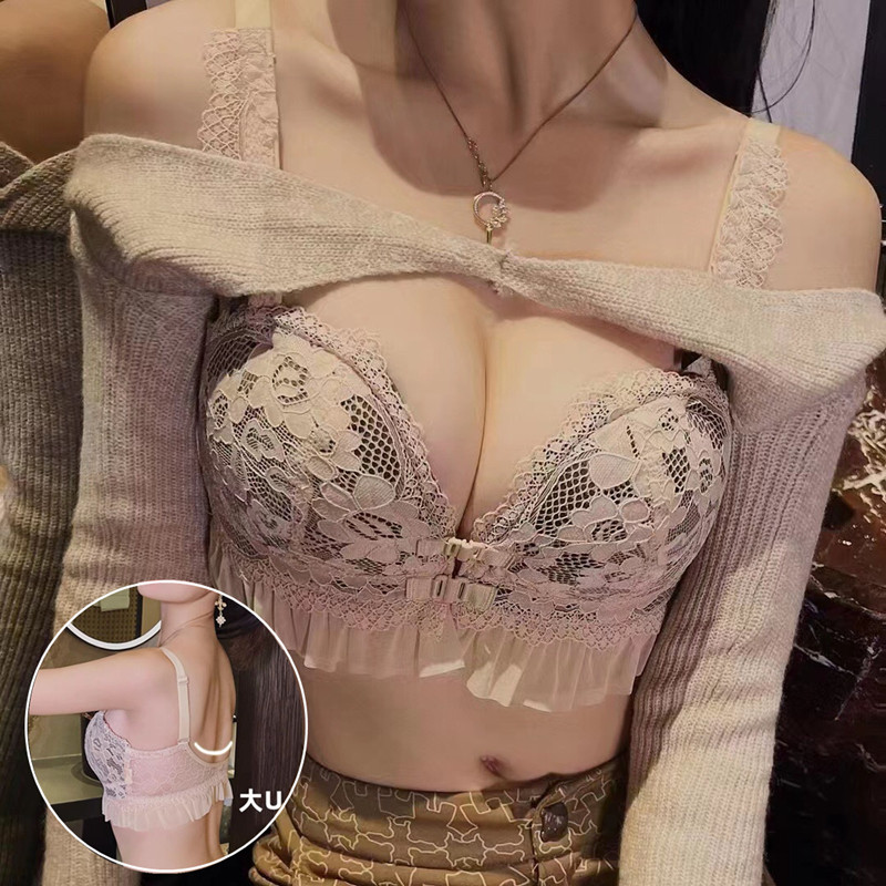 高档无肩带防滑聚拢内衣女无钢圈前扣小胸罩A杯加厚款美背U型文胸