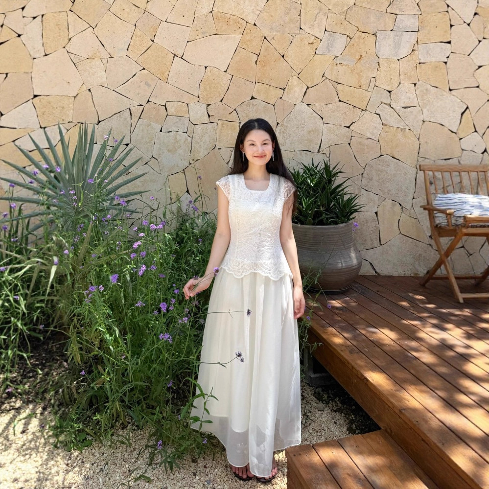 DIGM法式优雅重工钩花蕾丝拼接收腰假两件2025春夏连衣裙女