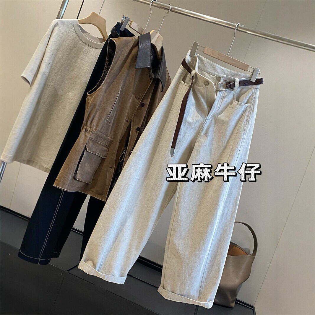 高端线亚麻牛仔老钱风春秋款宽松阔腿弯刀裤子显瘦牛仔裤女无腰带