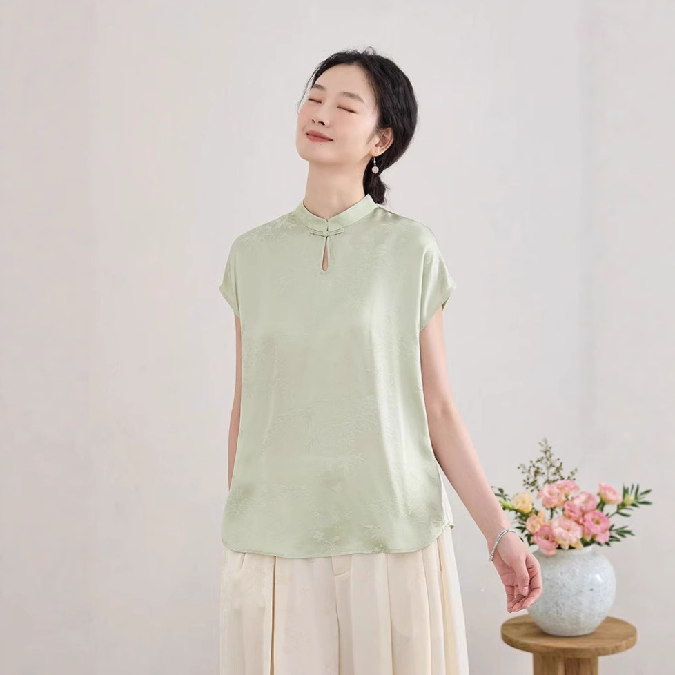 新中式绿色人丝提花改良衬衫上衣女夏轻国风短袖显瘦减龄衬衣