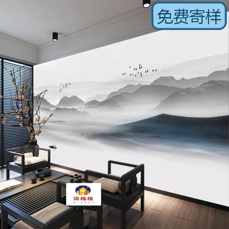 3d中式水墨黑白意境山水画墙纸客厅沙发电视背景墙画酒店墙布墙裙