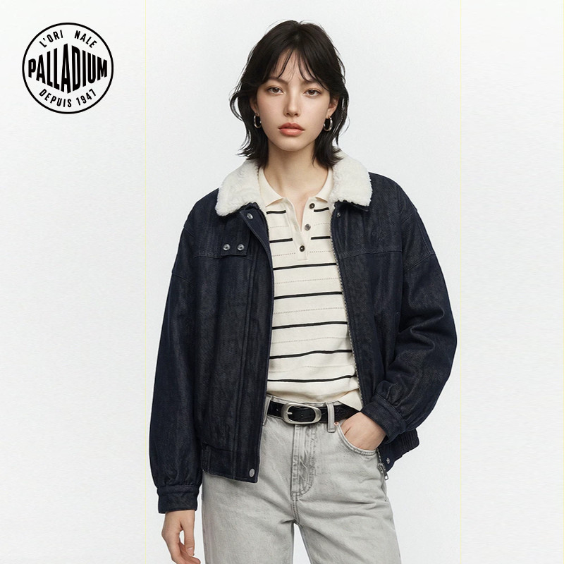 PALLADIUM帕拉丁可拆羊羔绒毛领落肩茧型袖牛仔棉服女外套1914828