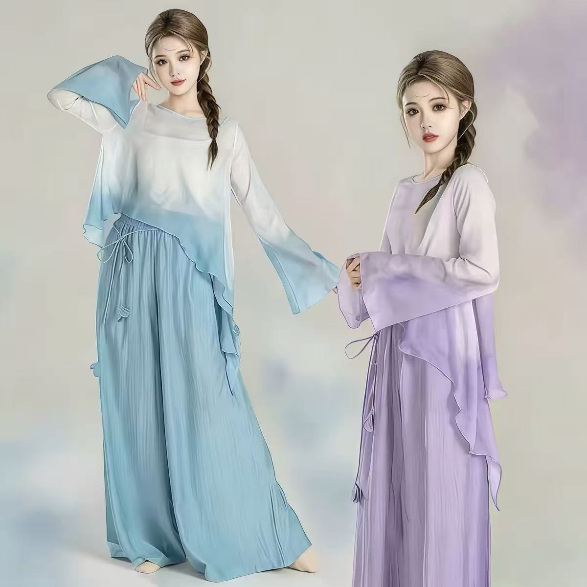 古典舞蹈纱衣女飘逸长袖练功服超仙古风现代舞演出服氧气感渐变色