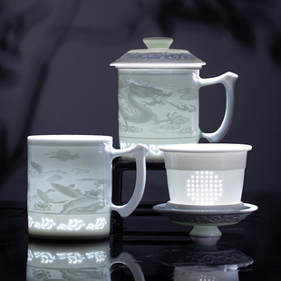 景德镇生肖杯子玲珑陶瓷泡茶杯茶水分离办公杯带盖子过滤水杯送礼