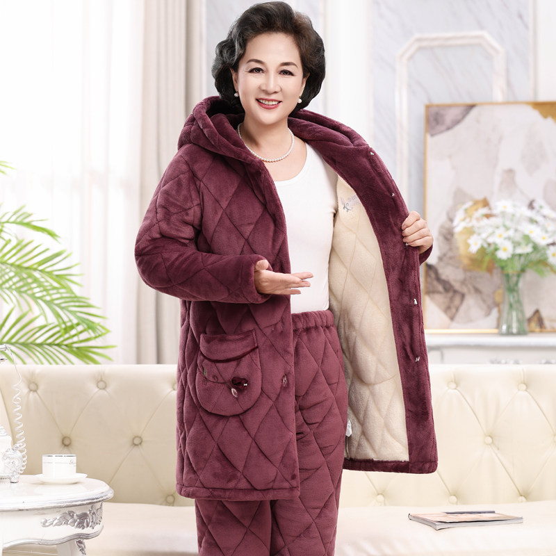 加长款连帽睡衣女秋冬季加绒加厚珊瑚绒夹棉中老年人妈妈保暖套装