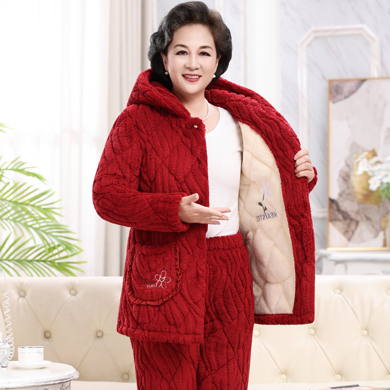 连帽睡衣女秋冬季珊瑚绒加厚夹棉中老年人奶奶保暖加绒家居服妈妈,女士内衣/男士内衣/家居服,睡衣/家居服套装,淘宝优惠券,粉丝福利购,淘宝优惠卷