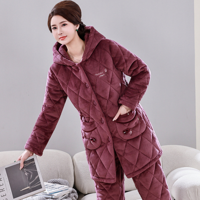 加长款连帽睡衣女秋冬季加厚加绒珊瑚绒夹棉中老年人妈妈保暖套装
