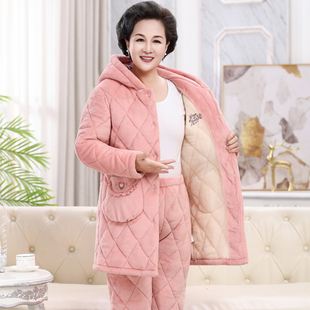 加长款连帽睡衣女秋冬季珊瑚绒夹棉加厚保暖加绒中老年家居服妈妈