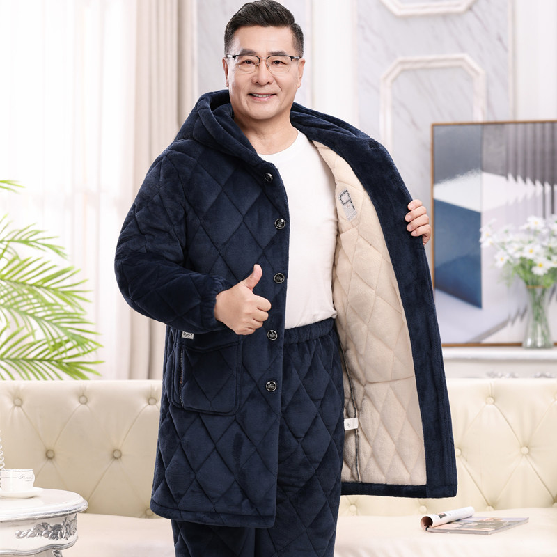 加长连帽睡衣男士秋冬季加厚加绒珊瑚绒夹棉中老年保暖爸爸家居服